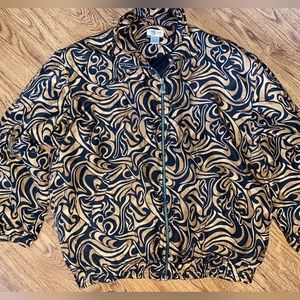 Vintage Euro Joy Womens Black Gold Swirl Silk Full Zip Jacket Large